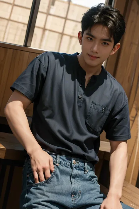 ((realistic daylight)) , Young Korean man in black sports shirt only, no pattern, denim shirt, jeans., A handsome, muscular young Asian man looks at the camera.  , in the restaurant ,turn sideways((realistic daylight)) , Young Korean man in black sports sh...