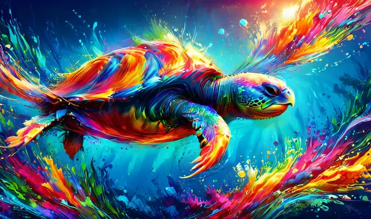 photorealistic, detailed digital illustration of a graceful sea turtle cruising effortlessly at a vibrant coral island with shal...