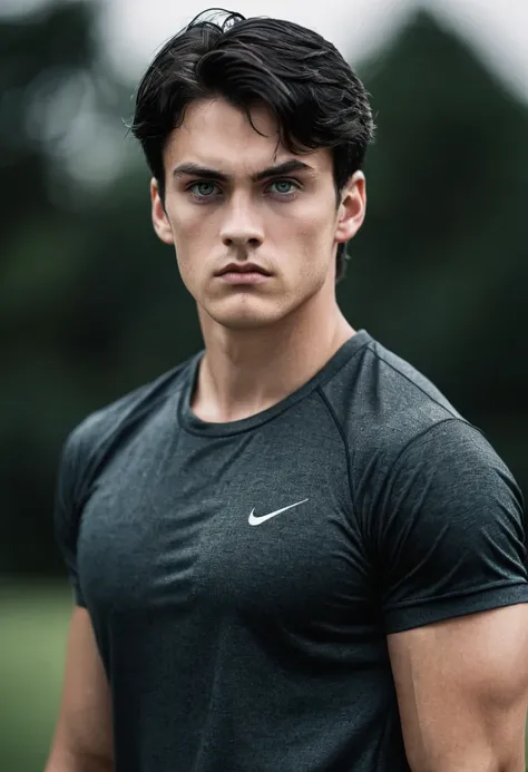 young guy, 20 years, dark hair, athletic build, grey eyes, mysterious, serious face, full length