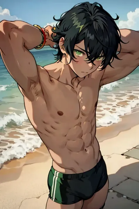 Swimwear　boy　Embarrassing　suffer　thin　Black Hair　juvenile　anime　Upper body naked　Embarrassing　Green Eyes　Yellow Eyes　Foot on the ground　Bangs hanging over the eyes　Are thin　large delicate eyes