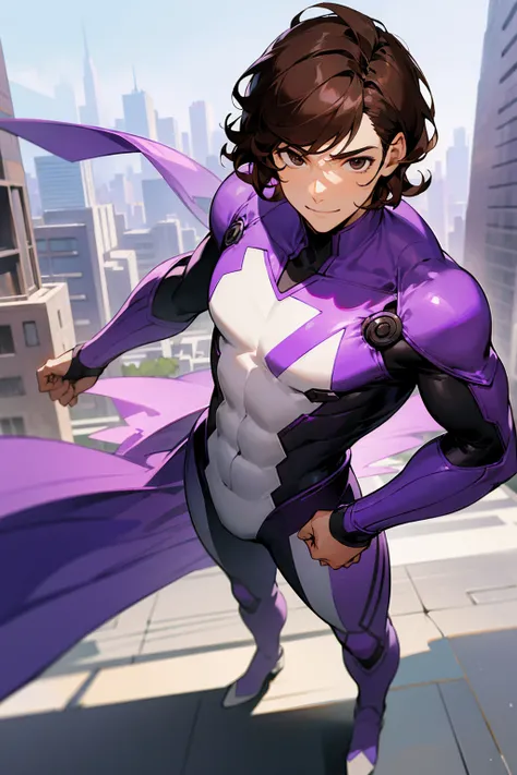 1male, brown hair, black eyes, short wavy hair, smiling expression, purple and white super suit, city background, detailed background, detailed face, standing, walking on path, hands to side