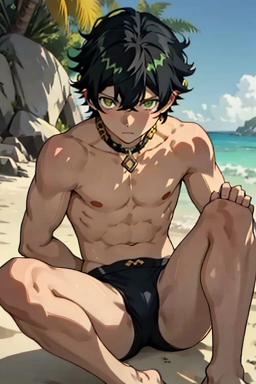 Swimwear　boy　Embarrassing　suffer　thin　Black Hair　juvenile　anime　Upper body naked　Embarrassing　Green Eyes　Yellow Eyes　Foot on the ground　Bangs hanging over the eyes　Are thin　large delicate eyes　Thin legs