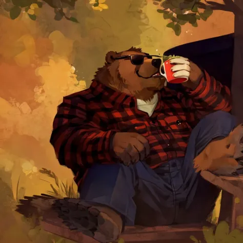 a grizzly bear, he has green hair, dressed with a lumberjack shirt, black sunglasses and blue trousers, drinking from a cup, hig...