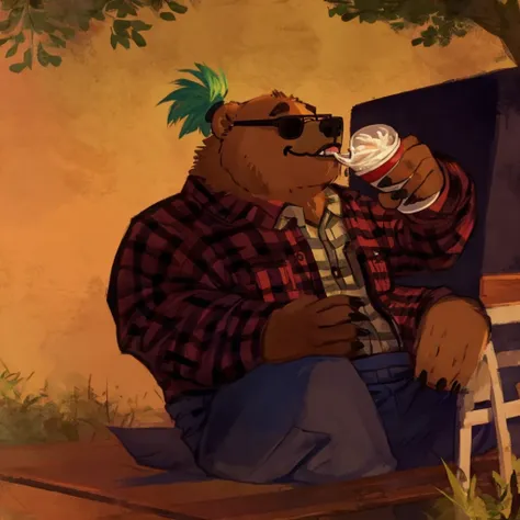 a grizzly bear, he has green hair, dressed with a lumberjack shirt, black sunglasses and blue trousers, drinking from a cup, hig...