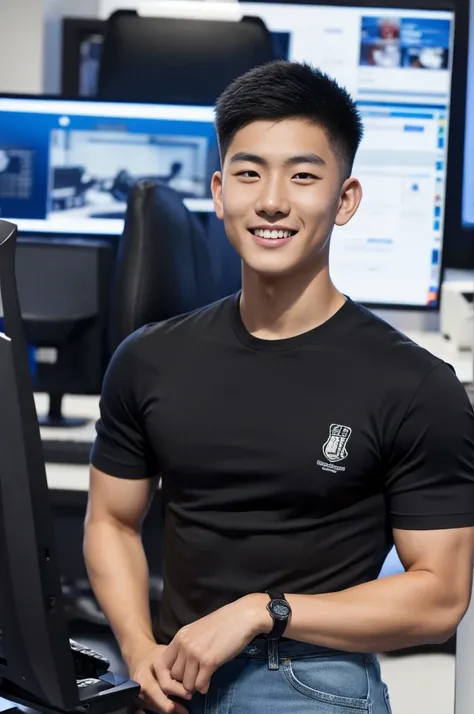 ((realistic daylight)) , Young Korean man in only a black sports shirt, no stripes, and jeans., A handsome, muscular young Asian man looks at the camera.  , In a computer shop ,turn sideways, smile