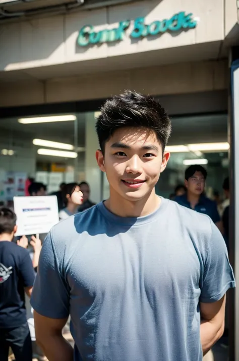 ((realistic daylight)) , Young Korean man in only a black sports shirt, no stripes, and jeans., A handsome, muscular young Asian man looks at the camera.  , In a computer shop ,turn sideways, smile