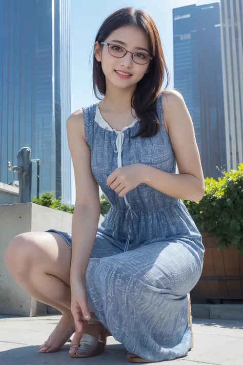 ((High-resolution images, Realistic eye size, Realistic Skin, Droopy eyes, smile, (Mr.々A feminine casual long dress with a simple pattern), (Crouching, Self-pleasure, Very detailed), Strong sunlight, Old Fashion, skyscraper, bag, Glasses,