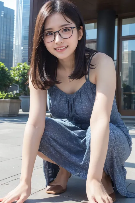 ((High-resolution images, Realistic eye size, Realistic Skin, Droopy eyes, smile, (Mr.々A feminine casual long dress with a simple pattern), (Crouching, Self-pleasure, Very detailed), Strong sunlight, Old Fashion, skyscraper, bag, Glasses,