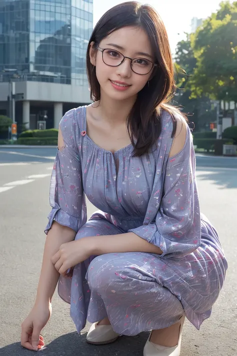 ((High-resolution images, Realistic eye size, Realistic Skin, Droopy eyes, smile, (Mr.々A feminine casual long dress with a simple pattern), (Crouching, Self-pleasure, Very detailed), Strong sunlight, Old Fashion, skyscraper, bag, Glasses,