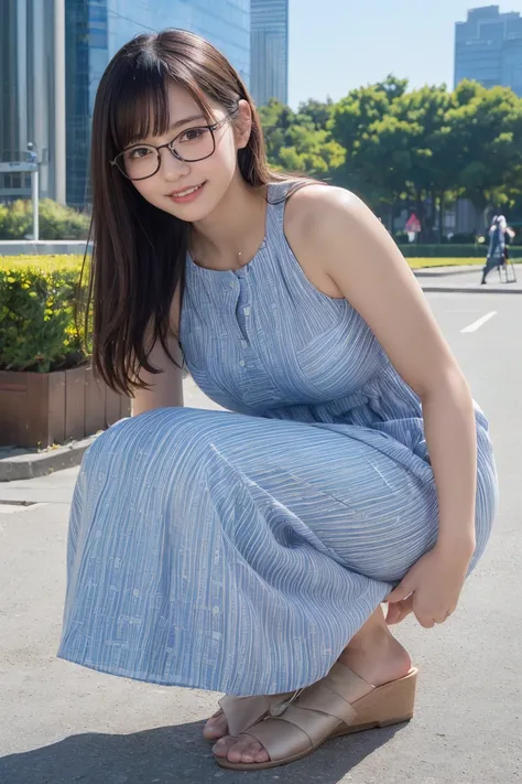 ((High-resolution images, Realistic eye size, Realistic Skin, Droopy eyes, smile, (Mr.々A feminine casual long dress with a simple pattern), (Crouching, Self-pleasure, Very detailed), Strong sunlight, Old Fashion, skyscraper, bag, Glasses,