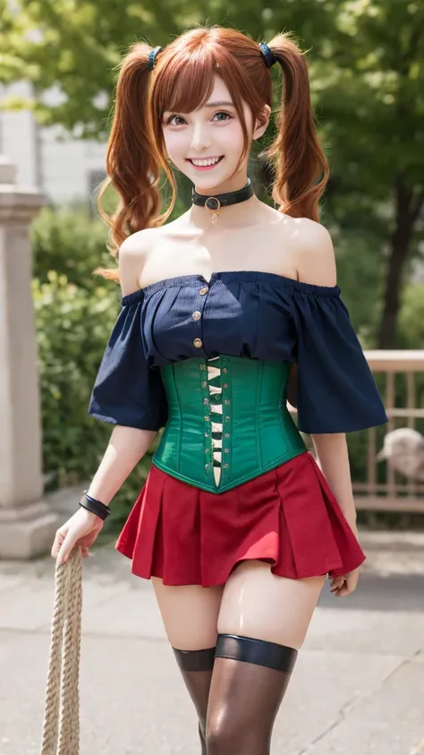 high quality， 8k， High resolution，（Realistically）,Redhead, ponytail, Twin tails, Blue off-shoulder top, Yellow corset, Red Skirt, Green petticoat, Brown boots, staff, Wizard Style, cute, sexy, Anime Style, Middle wind, Big eyes, smile, Accessory pouch, Rop...