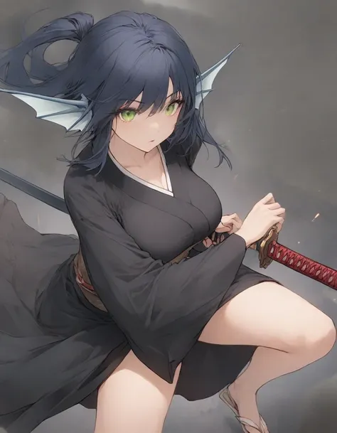 ,(black and white manga style:1.1),snap shot,red katana,fighting stance,(holding huge katana:1.3),,no pattern kimono,(black kimono:1.5),samurai,,,{{{Huge breasts}}},,,,,,long skirt, brooches,Blue brooch,,(dark Blue hair:1.25),gradient_hair,( Green eyes:1.2...