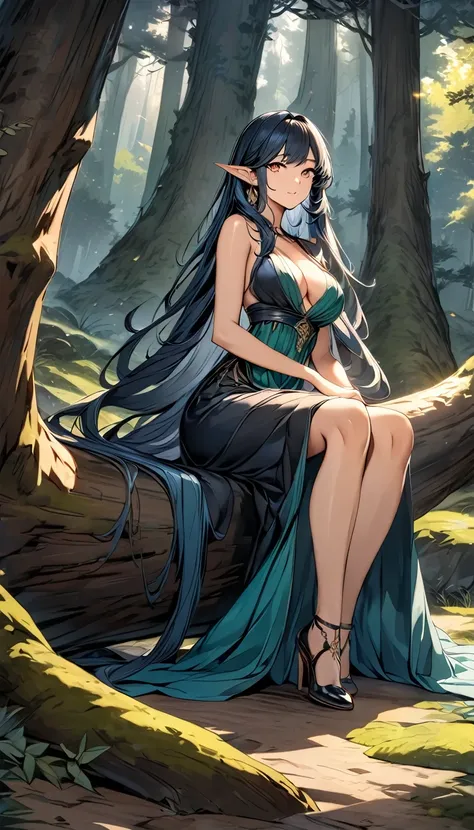 high quality, 4k, 8k, highres, HDR, UHD, masterpiece, ultra-detailed, a beautiful elf woman in a dark fantasy forest, sitting pose, creative angle, mature woman. extremely detailed face, long flowing hair, dark blue hair, curious expression, sitting under ...