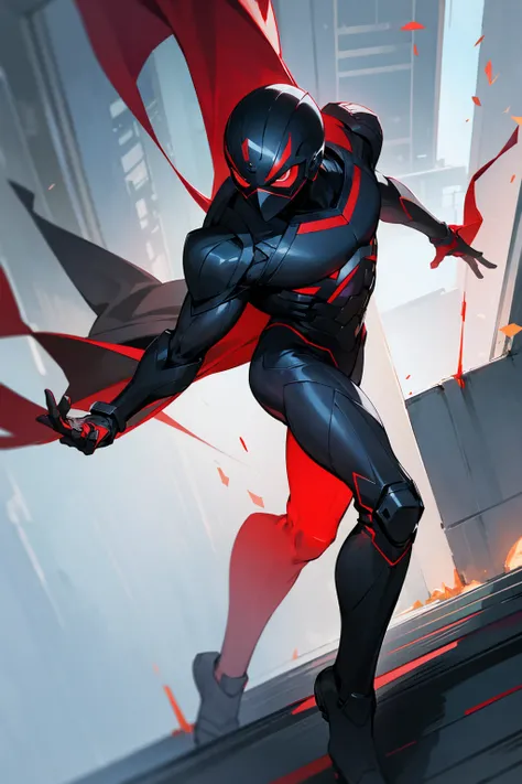 1male, black and red super suit, black mask, super mask, city background, detailed background, detailed face, standing, walking on path, hands to side