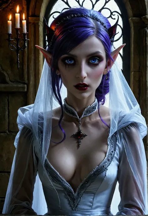 arafed a picture of elf vampire in her castle. an exquisite beautiful female elf vampire (ultra details, Masterpiece, best quality), bloody mouth, purple hair, pale skin, hair in a ponytail, long hair, blue eyes, small pointed ears, cold eyes, smirking, we...