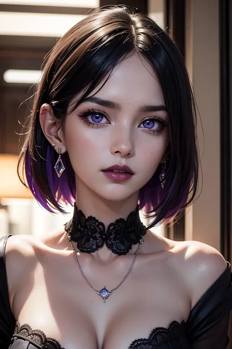 picture, ProFessional Full body, (detailed Face and eye:1.4), Purple eyes,Deep rifts, colorFul, color photography oF woman, (dark makeup), necklace, Earrings, (Dark lipstick), Split lips, sharp Focus, Focus on Face, Insanely sharp details, Very detailed, g...