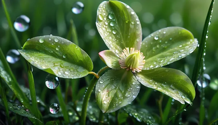 the spring sun shining brightly on the wet grass, a slightly drooping christmas rose, as if shedding tears of march., reflective...