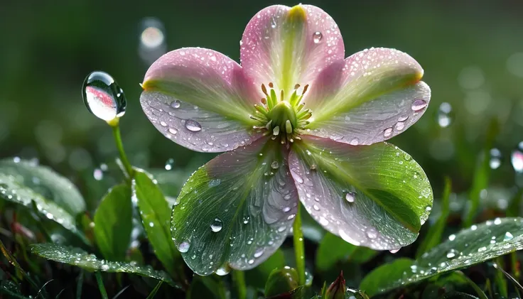 the spring sun shining brightly on the wet grass, a slightly drooping christmas rose, as if shedding tears of march., reflective...