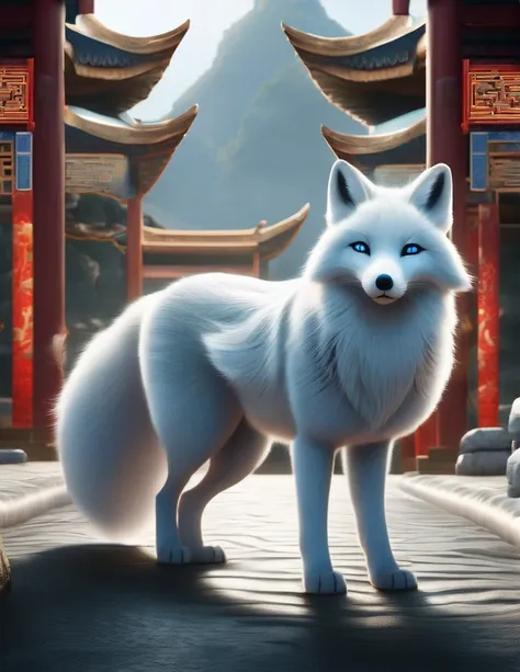 scene design, role conception, 3d rendering, realistic fur,
in ancient chinese mythology, a white fox with blue eyes. it has nin...