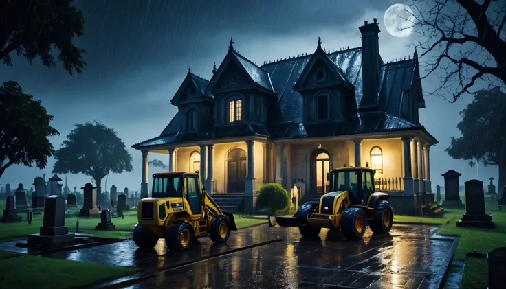 Scary horror image of a house on the grounds of a cemetery with a man woman  Digger at rainy night, PICTURE REALISTIC, high resolution, 8k 