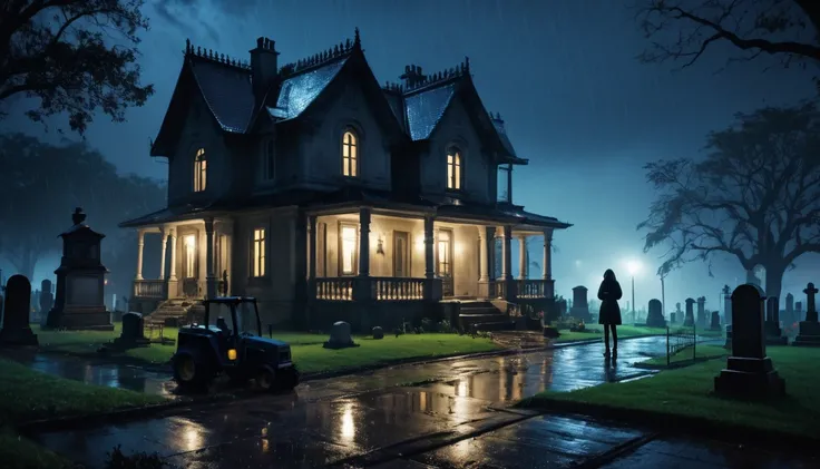 Scary horror image of a house on the grounds of a cemetery with a man woman  Digger at rainy night, PICTURE REALISTIC, high resolution, 8k 