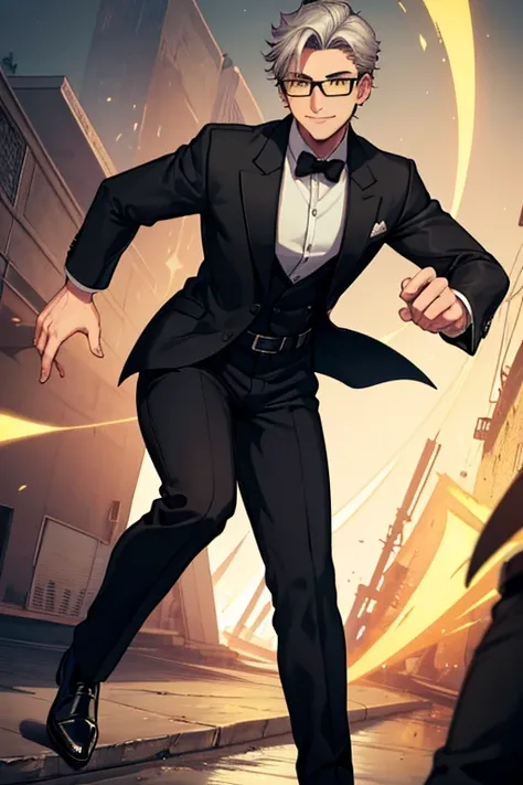 male, black short hair with silver highlights, yellow eyes, (((1boy))), (((black blazer))), (white dress shirt), (black pants), (black dress shoes), (glasses), (black belt), handsome, long legs, smiling, young