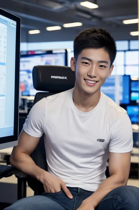 ((realistic daylight)) , Young Korean man in only a black sports shirt, no stripes, and jeans., A handsome, muscular young Asian man looks at the camera.  , In a computer shop ,turn sideways, smile