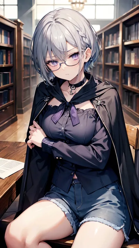 High resolution,high resolution,Girl,(Braiding,Gray Hair,Short Hair,Blue accent color),Purple Eyes,Slanted Eyes,Bad mood,boyish,slender,glasses,sit,Tattoo,library,Shorts,blouse,choker,Cape,