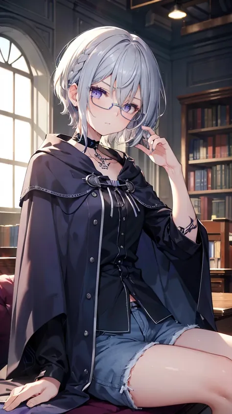 High resolution,high resolution,Girl,(Braiding,Gray Hair,Short Hair,Blue accent color),Purple Eyes,Slanted Eyes,Bad mood,boyish,slender,glasses,sit,Tattoo,library,Shorts,blouse,choker,Cape,