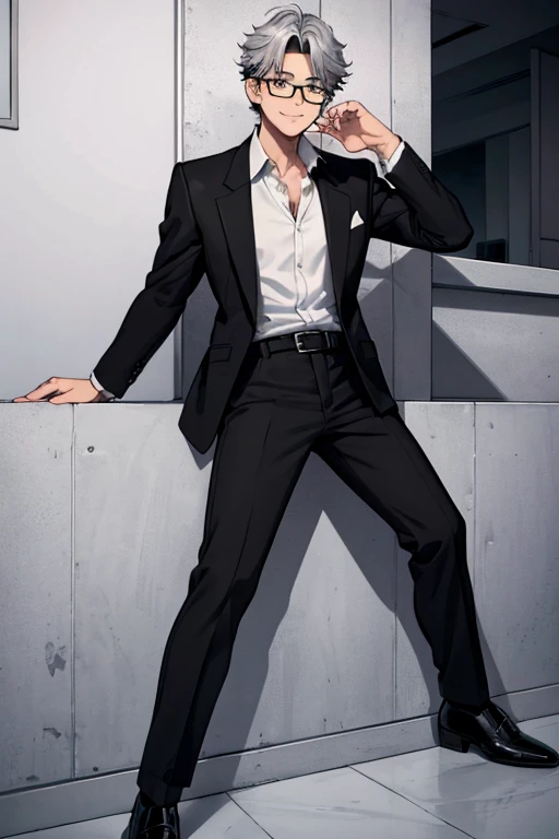 male, black short hair with silver highlights, yellow eyes, (((1boy))), (((black blazer))), (white dress shirt), (black pants), (black dress shoes), (glasses), (black belt), handsome, long legs, smiling, young