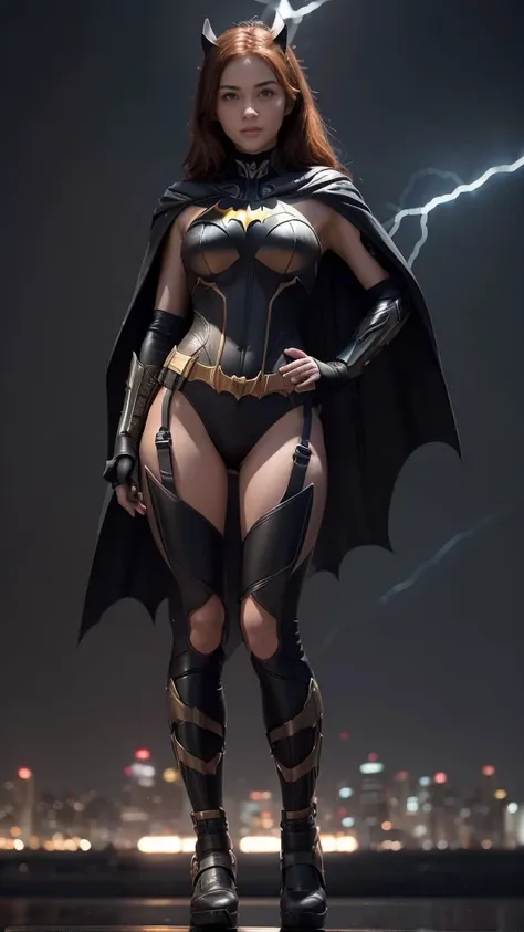 Masterpiece, Best quality, 1girl, futuristic batgirl suit, tight Batgirl suit, ((batgirl mask)), extremely beautiful, fit body, mecha armor, ((cape blown by the wind)), ((full body)), ultra details, short orange hair, from below, symmetrical pose, gotham c...