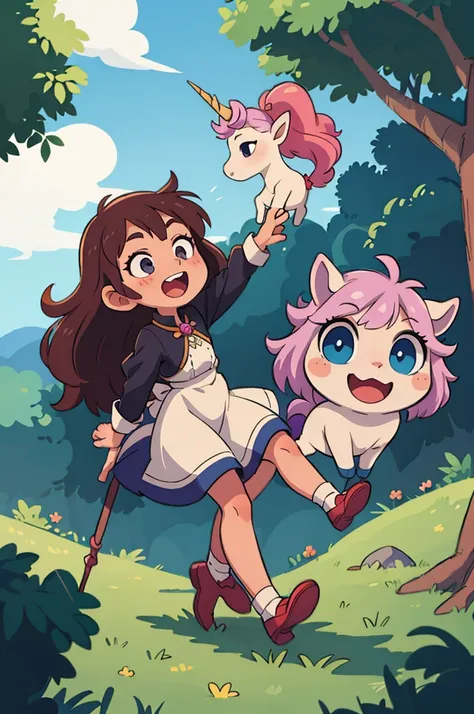 ((Highest quality, masterpiece)), 
Little witch riding a unicorn
