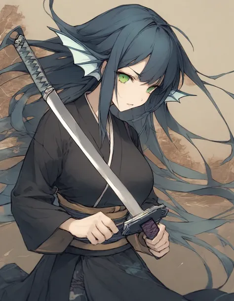 ),snap shot,red katana,fighting stance,(holding  huge katana:1.3),,no pattern kimono,(black kimono:1.5),samurai,,,{{{Huge breasts}}},,,,,,long skirt, brooches,Blue brooch,,(dark Blue hair:1.25),gradient_hair,( Green eyes:1.25),hair_ornament detached ,,Very...