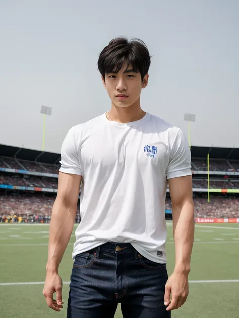 独奏: 1.5, (As a matter of fact, Masterpiece, 8k HD, good light quality, sportswear, fit the face, complicated details), A handsome Korean young man with muscular arms. , 20 years old, be happy, detailed face, delicate eyes, look at the sky, Wear a tight blu...