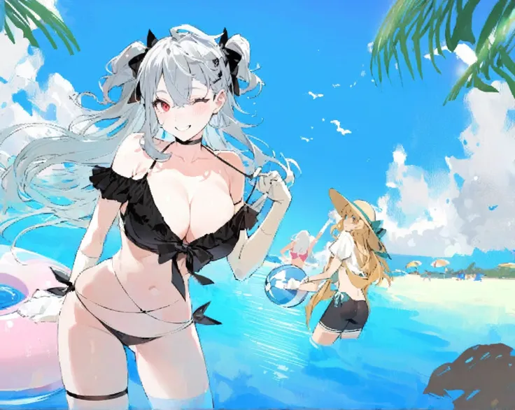 Ocean、Silver-haired, red-eyed girl、Swimwear、Two girls playing beach ball in the background、2d, masterpiece, best quality, anime, highly detailed face, highly detailed eyes, highly detailed background, perfect lighting,  1girl, solo, collared dress, short d...