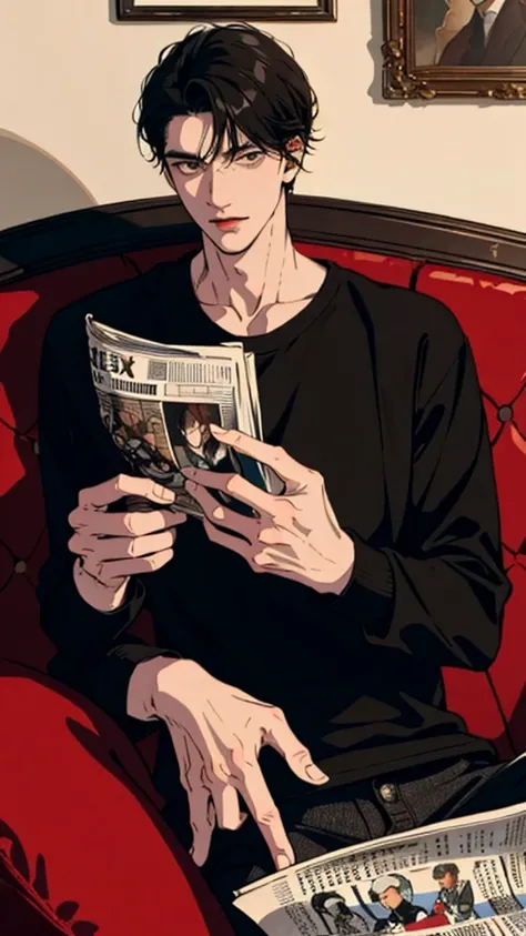 (masterpiece:1.2, best quality), (real picture, intricate details), solo, 1 male character, black hair, full body shot, shirt, casual, reading a newspaper, badboy, he is sitting in the sofa, in a cozy coffee shop, cozy place