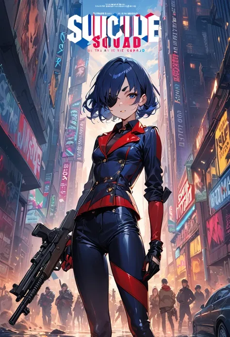 (masterpiece, best quality,ultra highres), (movie poster art,title of "Suicide Squad"),In the center of the poster,heroine girl in posing,(16yo,(darkblue wavy-short hair),thick eyebrows,middle small breasts),(wearing "deadshot" costume),guns,eye patch,