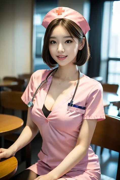 (Ulzzang-6500-v1.1, masterpiece, highest quality:1.3, ultra-detailed 8k:1.2, hyperrealistic:1.35, raw photo:1.2, highest quality, high resolution, wallpaper, realistic, dramatic, realistic painting art by midjourney:1.3, 1 nurse, 28yo, pink nurse uniform, ...