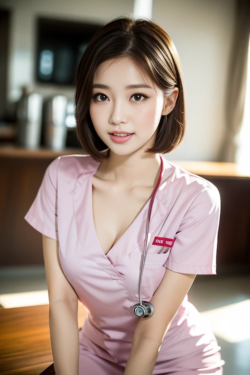 (Ulzzang-6500-v1.1, masterpiece, highest quality:1.3, ultra-detailed 8k:1.2, hyperrealistic:1.35, raw photo:1.2, highest quality, high resolution, wallpaper, realistic, dramatic, realistic painting art by midjourney:1.3, 1 nurse, 28yo, pink nurse uniform, ...