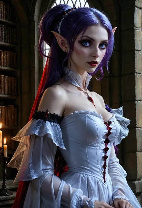 arafed a picture of elf vampire in her castle. an exquisite beautiful female elf vampire (ultra details, masterpiece, best quali...