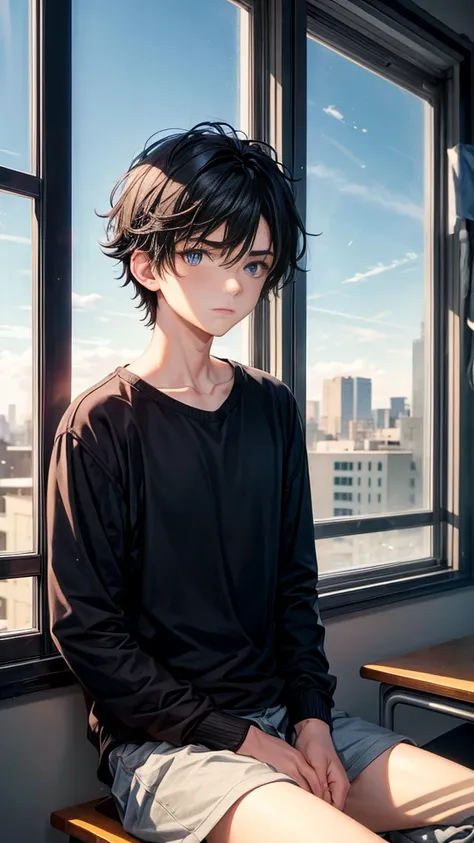 18 years old, boy, black hair, blue eyes, indifferent, looking at the nearing dusk from the window, sitting inside of an classroom,