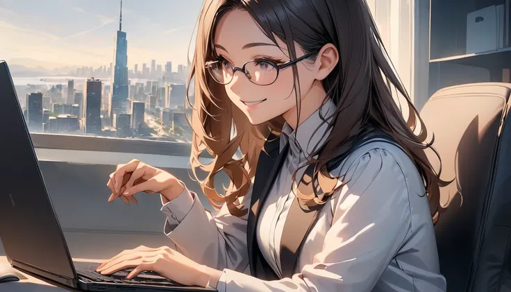 Office workers working on a computer,Portraiture,Professional,Wearing a smart suit,Stylish glasses,Typing on a sleek laptop,Use a wireless mouse,Sitting at a modern desk,Smile confidently,City skyline in the background,Soft natural light,High resolution,Hi...