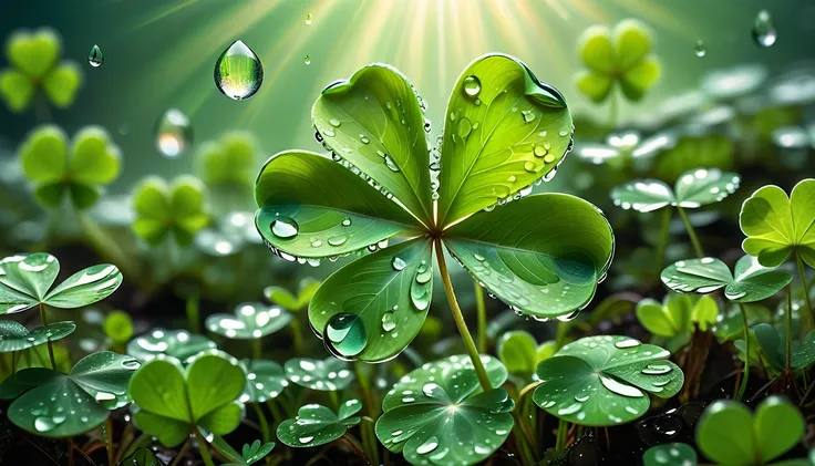 the spring sun shining brightly on the wet grass, a four-leaf clover drooping slightly as if shedding a tear in march, reflectiv...