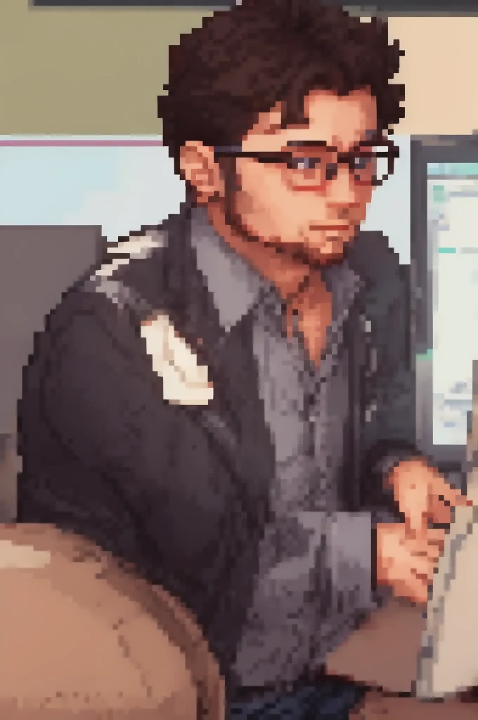 brunette programmer with short beard, glasses, blackw, AND VERY SHORT HAIR, Using the computer, PixArFK