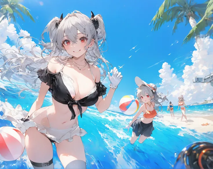 Ocean、Silver-haired, red-eyed girl、Swimwear、Two girls playing beach ball in the background、2d, masterpiece, best quality, anime, highly detailed face, highly detailed eyes, highly detailed background, perfect lighting,  1girl, solo, collared dress, short d...