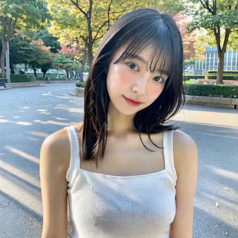 Beautiful Japanese Woman、In an empty park、White loose-necked tank top、Very large bust、I can see her 