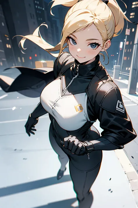 1female, blonde hair, black eyes, ponytail, black and white super suit, smiling expression, city background, detailed background, detailed face, standing, walking on path, hands to side