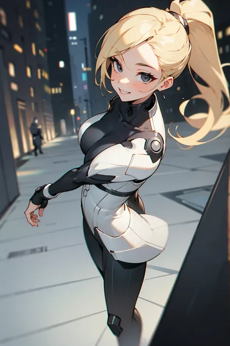 1female, blonde hair, black eyes, ponytail, black and white super suit, smiling expression, city background, detailed background, detailed face, standing, walking on path, hands to side