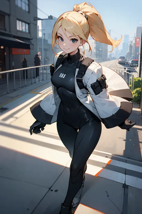 1female, blonde hair, black eyes, ponytail, black and white super suit, smiling expression, city background, detailed background, detailed face, standing, walking on path, hands to side