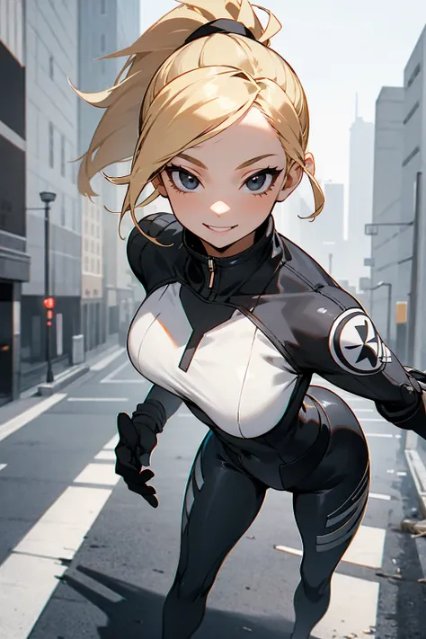 1female, blonde hair, black eyes, ponytail, black and white super suit, smiling expression, city background, detailed background, detailed face, standing, walking on path, hands to side